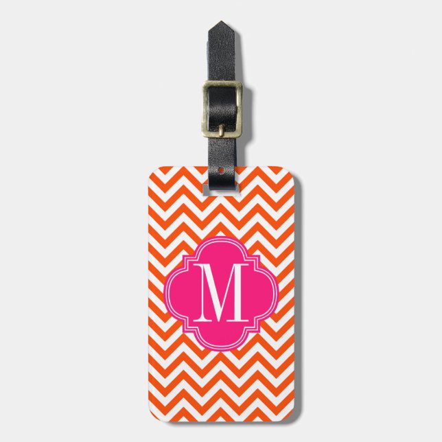 Orange Chevron Zigzag Personalised Monogram Luggage Tag (Front Vertical)