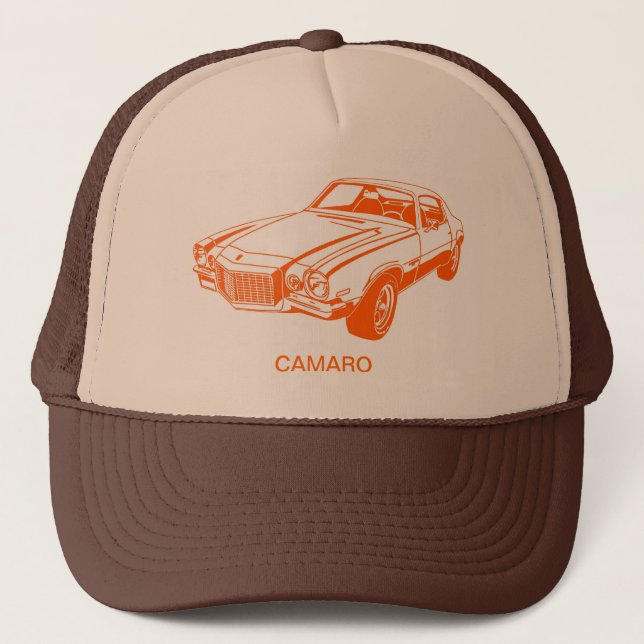 Orange Chevy Camaro Graphic Drawing Trucker Hat (Front)
