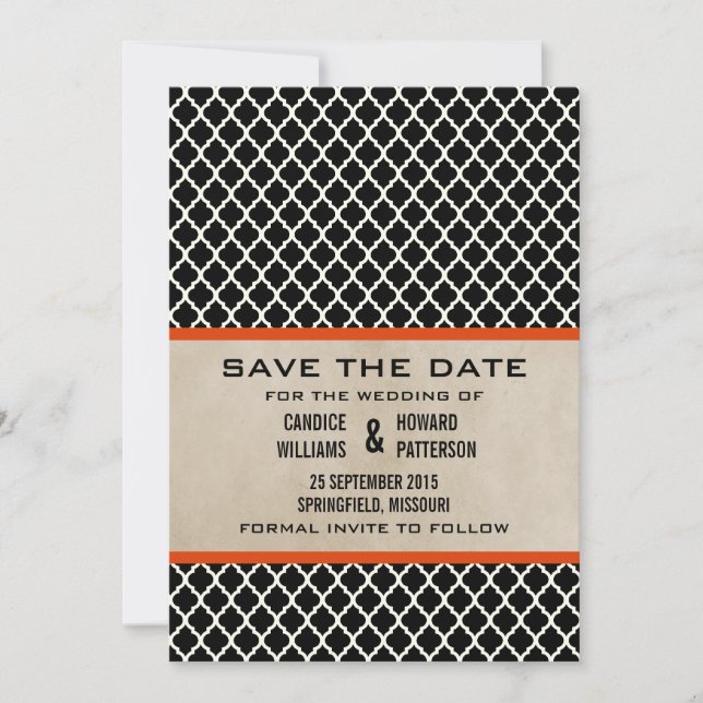 Orange Chic Quatrefoil Save the Date Invite (Front)