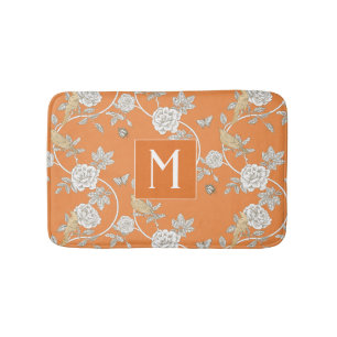 Orange Chinoiserie Floral Monogram Bath Mat