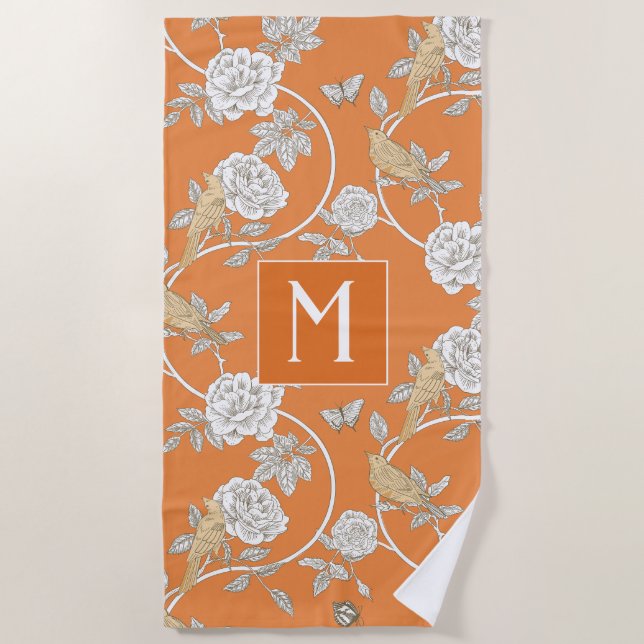 Orange Chinoiserie Flowers and Birds Monogram Beach Towel (Front)