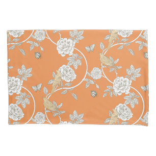 Orange Chinoiserie Flowers and Birds Pillowcase
