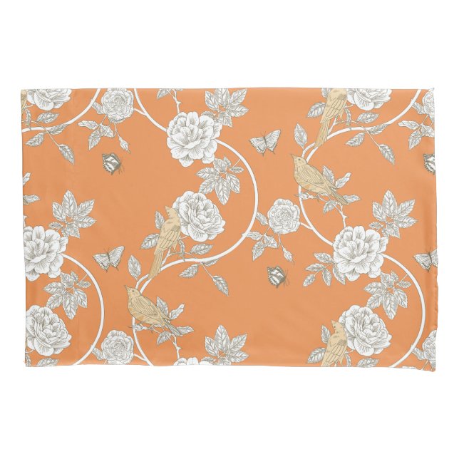 Orange Chinoiserie Flowers and Birds Pillowcase (Front)