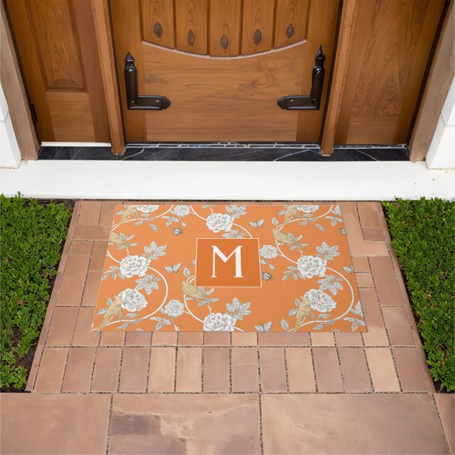 Orange Chinoiserie Flowers Monogram Doormat (Outdoor)