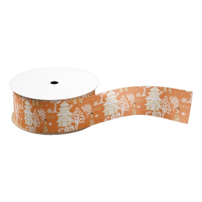 Orange Chinoiserie Pagodas Grosgrain Ribbon (Spool)