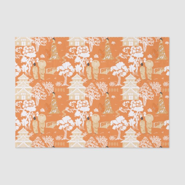 Orange Chinoiserie Pagodas Tissue Paper (Front)