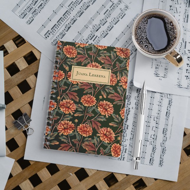 Orange Chrysanthemum Vintage Halloween Notebook (Vintage chrysanthemums glow in shadowed autumn—your Halloween musings take root.)