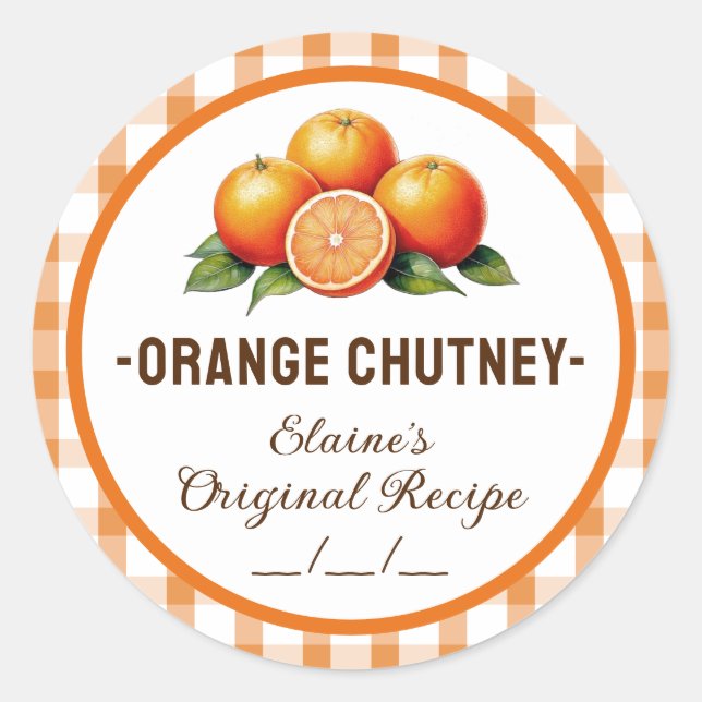 Orange chutney label with chequered design (Front)