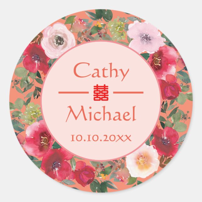 Orange circle floral wreath modern Chinese wedding Classic Round Sticker (Front)