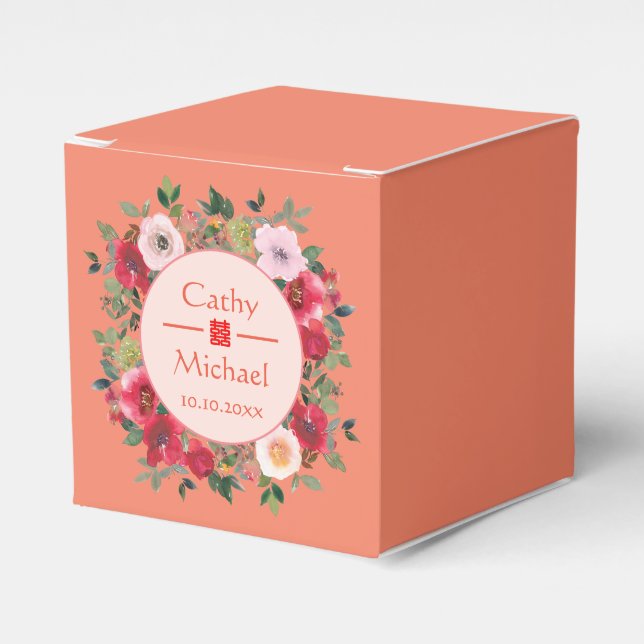 Orange circle floral wreath modern Chinese wedding Favour Box (Front Side)