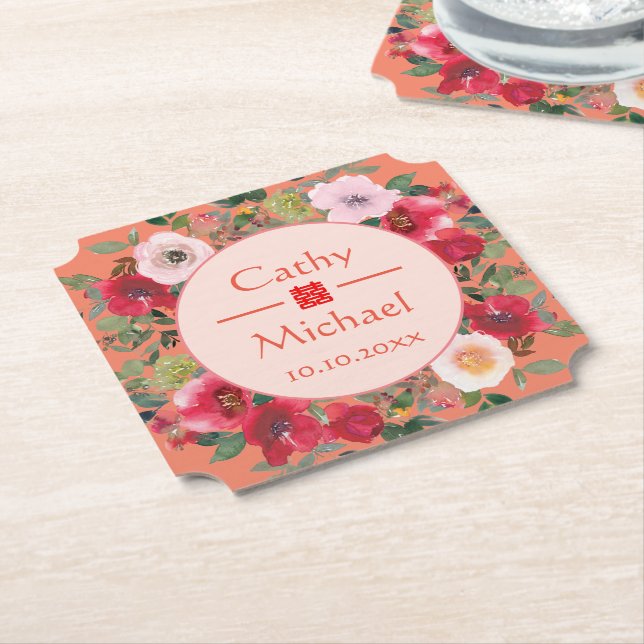 Orange circle floral wreath modern Chinese wedding Paper Coaster (Angled)