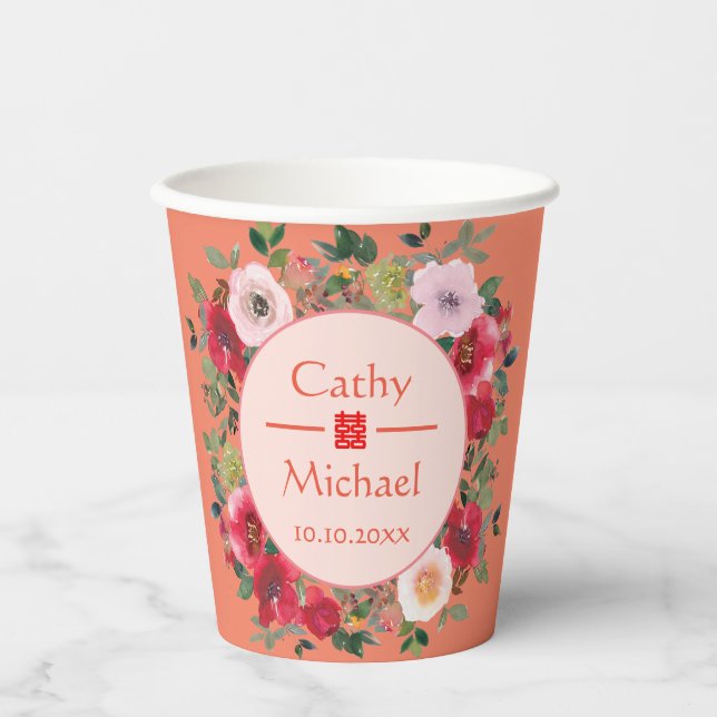 Orange circle floral wreath modern Chinese wedding Paper Cups (Front)