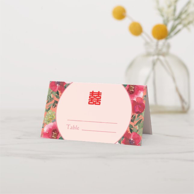Orange circle floral wreath modern Chinese wedding Place Card (Front)