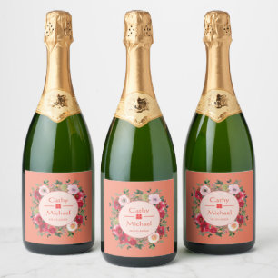 Orange circle floral wreath modern Chinese wedding Sparkling Wine Label
