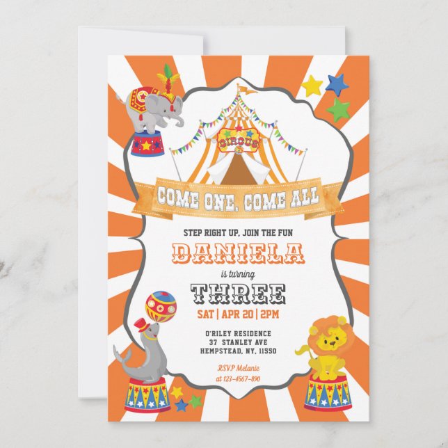 Orange Circus Carnival Birthday Invitation (Front)