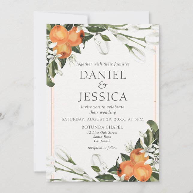 Orange citrus blossom watercolor botanical invitation (Front)