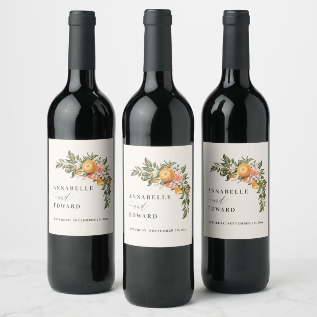 Orange citrus blossom watercolor botanical wedding wine label (Bottles)