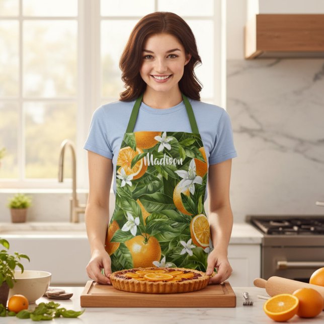 Orange Citrus Blossoms Personalised Name Gift Apron (Creator Uploaded)