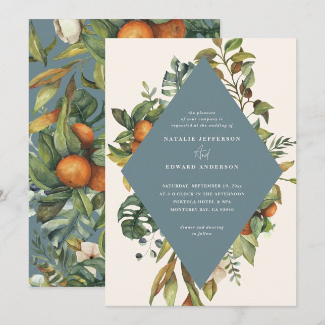 Orange citrus blue watercolor botanical wedding (Front/Back)