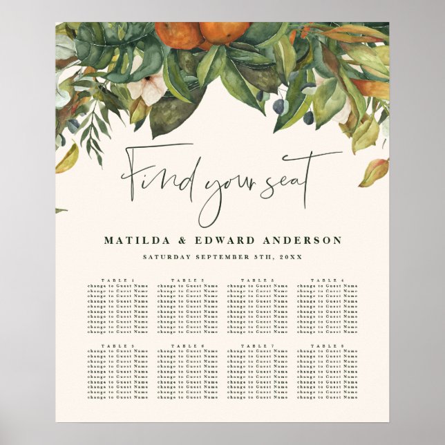 Orange citrus botanica floral wedding seating plan poster (Front)