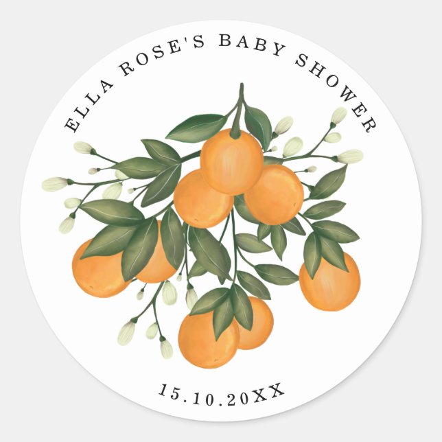Orange Citrus Botanical Greenery Baby Shower Favou Classic Round Sticker (Front)