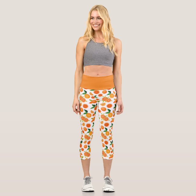 Orange Citrus Botanical Pattern  Capri Leggings (Front)