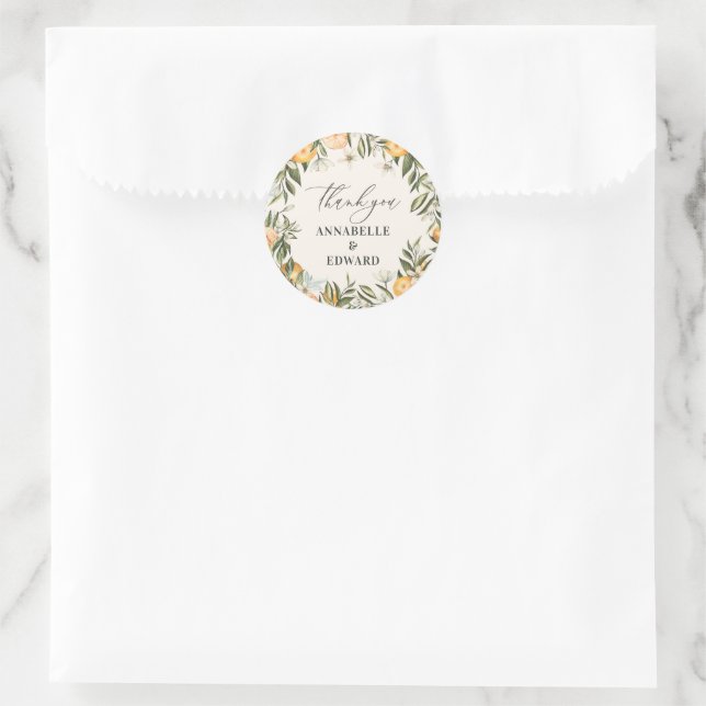orange citrus botanical wedding thank you favour classic round sticker (Bag)