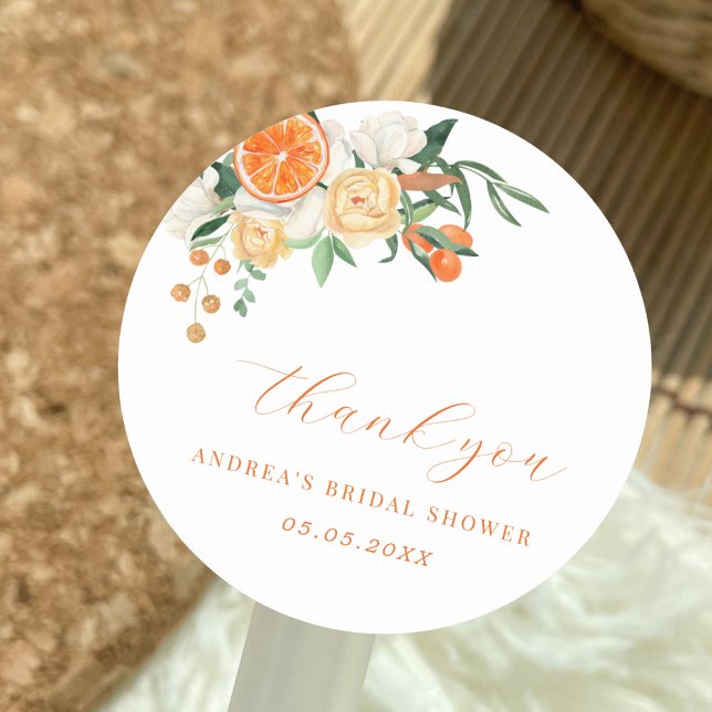 Orange Citrus Floral Bridal Shower Thank You Classic Round Sticker (Creator Uploaded)