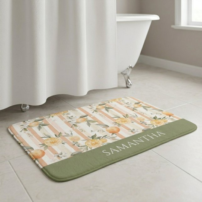 Orange Citrus Floral Peach Stripe Name Bath Mat (Creator Uploaded)