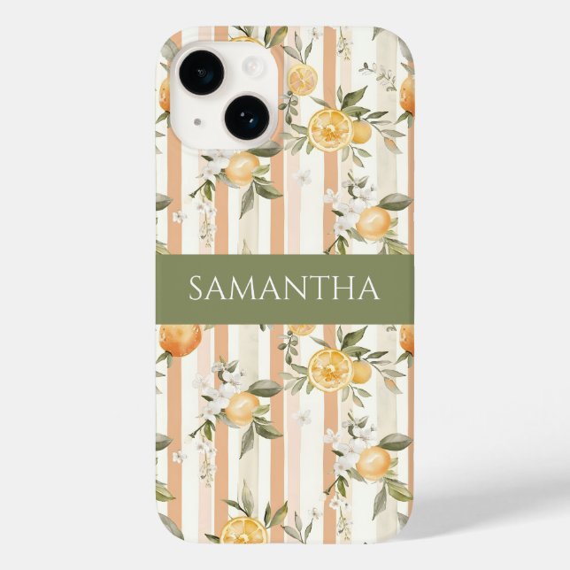 Orange Citrus Floral Peach Stripe Name Case-Mate iPhone Case (Back)
