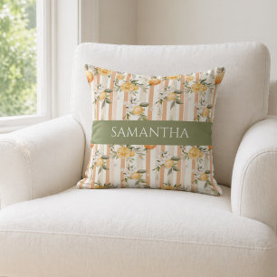 Orange Citrus Floral Peach Stripe Name Cushion