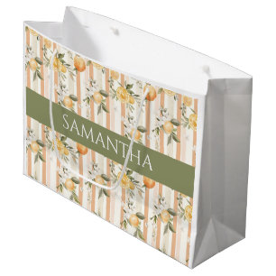 Orange Citrus Floral Peach Stripe Name Large Gift Bag
