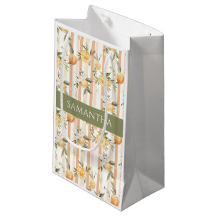 Orange Citrus Floral Peach Stripe Name Small Gift Bag