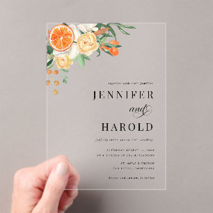 Orange Citrus Floral Summer Transparent Wedding Acrylic Invitations