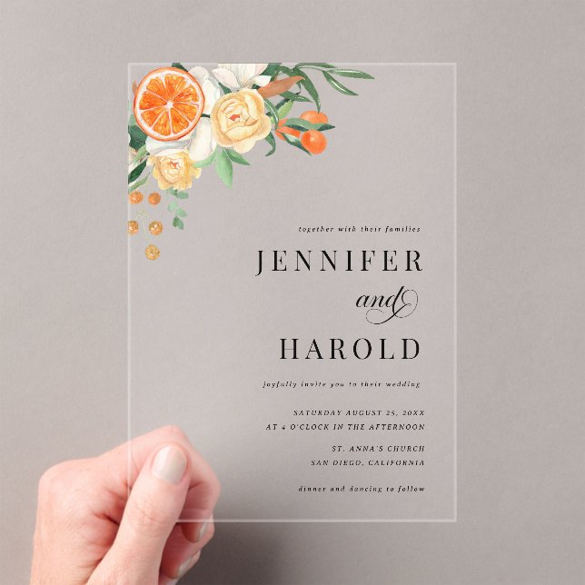 Orange Citrus Floral Summer Transparent Wedding Acrylic Invitations (Insitu (Handheld))