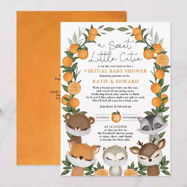 Orange Citrus Forest Animals Virtual Baby Shower Invitation (Front/Back)