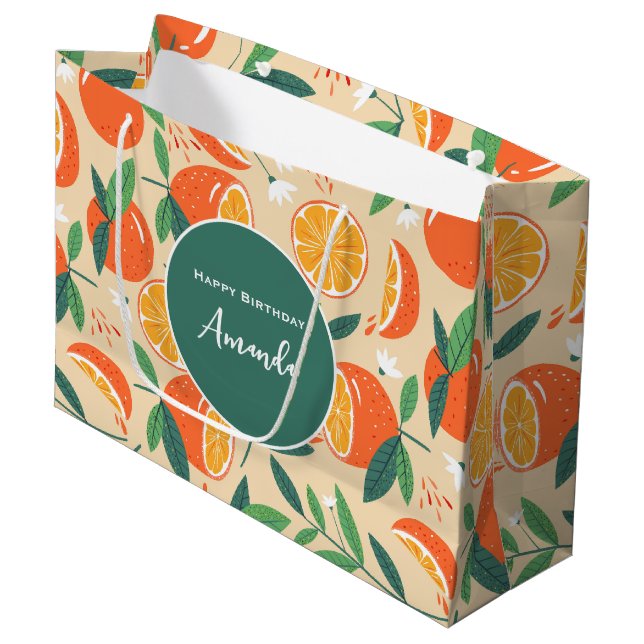 Orange Citrus Fruit Retro Pattern Birthday Large Gift Bag (Front Angled)