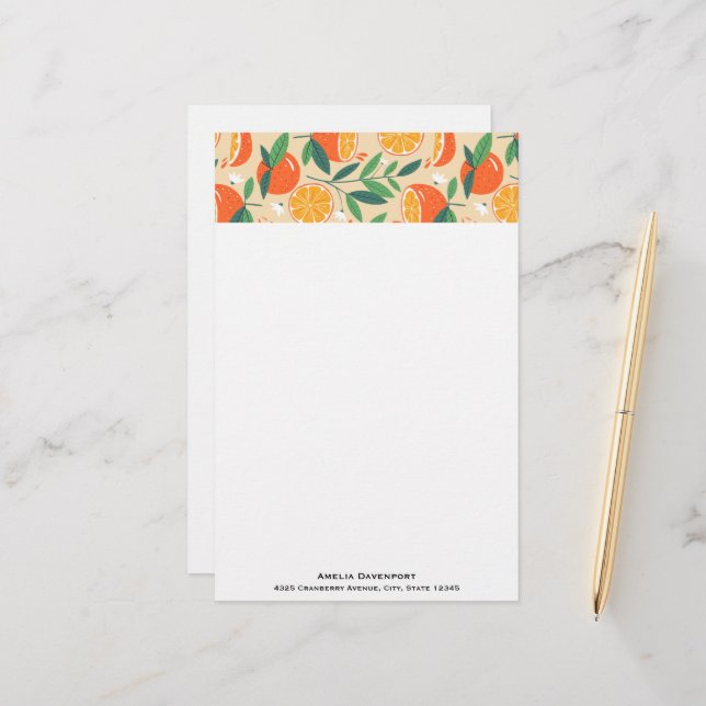 Orange Citrus Fruit Retro Pattern Stationery (Front/Back In Situ)