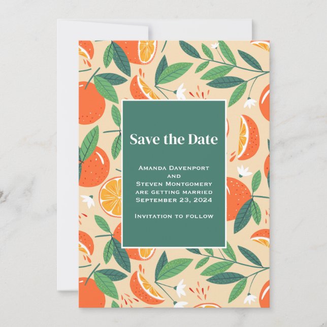 Orange Citrus Fruit Retro Pattern Wedding Save The Date (Front)
