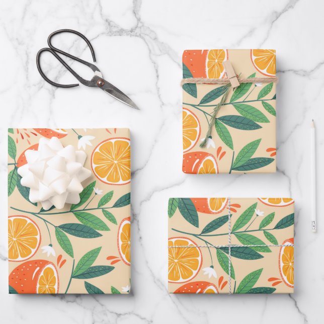 Orange Citrus Fruit Retro Pattern Wrapping Paper Sheet (Front)