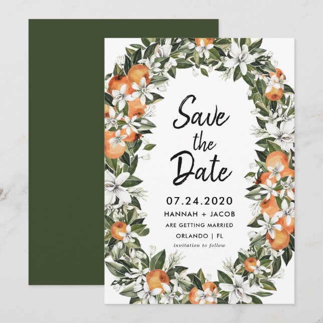 Orange Citrus Greenery Save The Dates Cards (Front/Back)