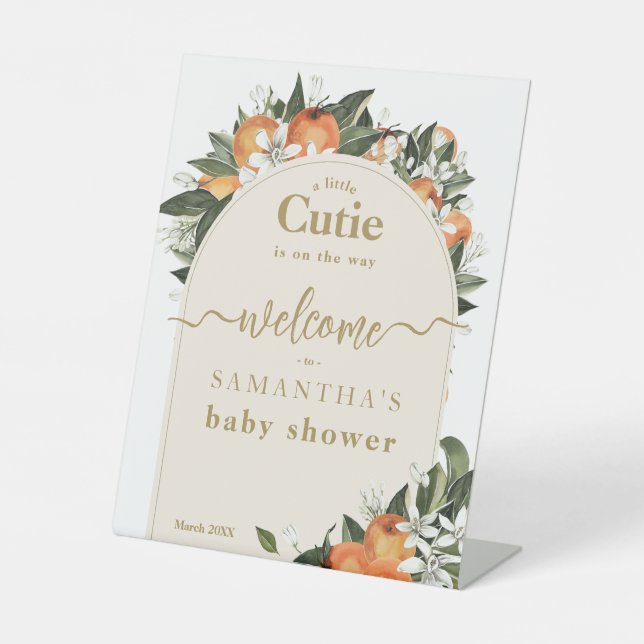 Orange citrus grenery Little cutie Baby Shower Pedestal Sign (Front)