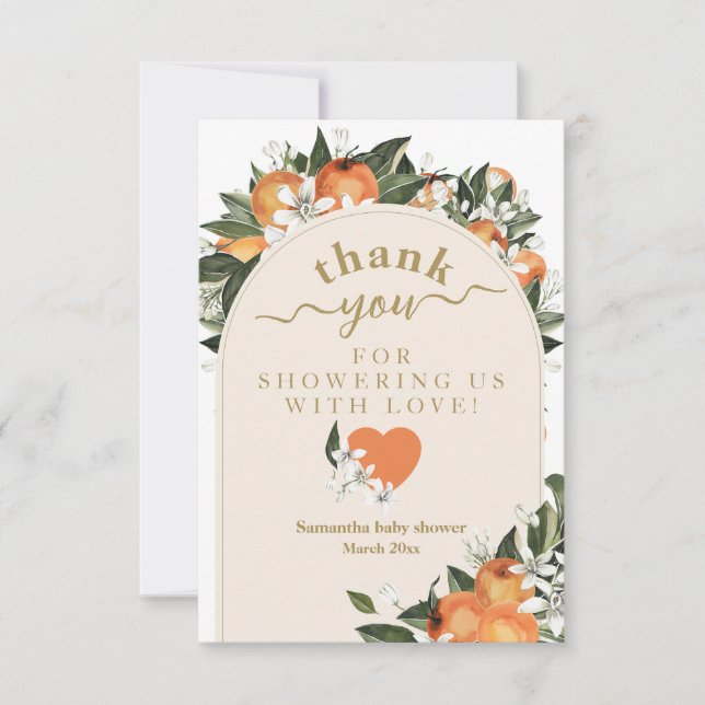 Orange citrus grenery Little cutie Baby Shower Thank You Card (Front)