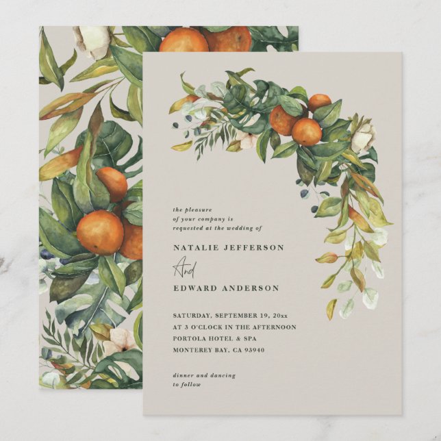 Orange citrus grey watercolor botanical wedding (Front/Back)
