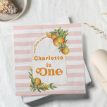 Orange Citrus Little Cutie 1st Birthday Paper  Napkin<br><div class="desc">Orange Citrus Little Cutie 1st Birthday Paper Napkin 

Citrus and floral arrangements paper napkin with white and pink striped background,  white arch and citrus foliage arrangements.</div>