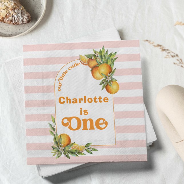 Orange Citrus Little Cutie 1st Birthday Paper  Napkin (Editable Our Little Cutie Birthday Paper Napkin Girls Clementine Oranges Birthday Party Arch Napkin)