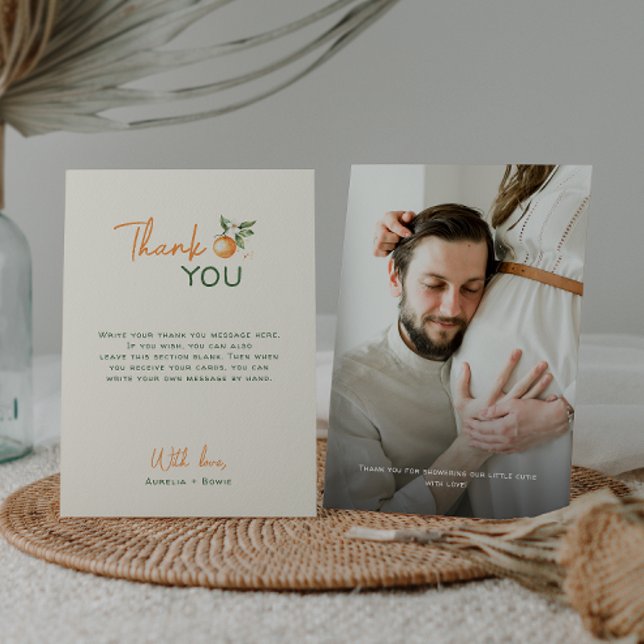 Orange Citrus Little Cutie Baby Shower Photo Thank You Card (Creator Uploaded)