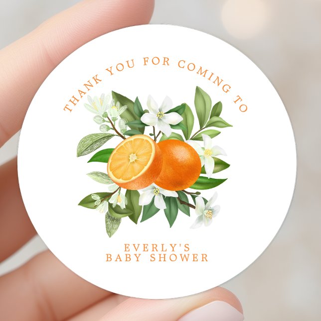 Orange Citrus Little Cutie Baby Shower Thank You Classic Round Sticker (Creator Uploaded)