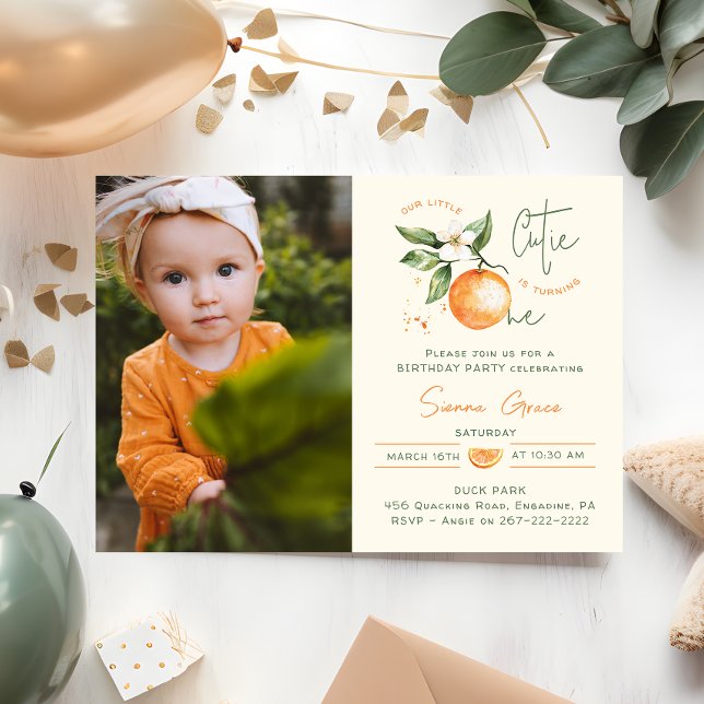 Orange Citrus Little Cutie First Birthday Photo  Invitation (Creator Uploaded)