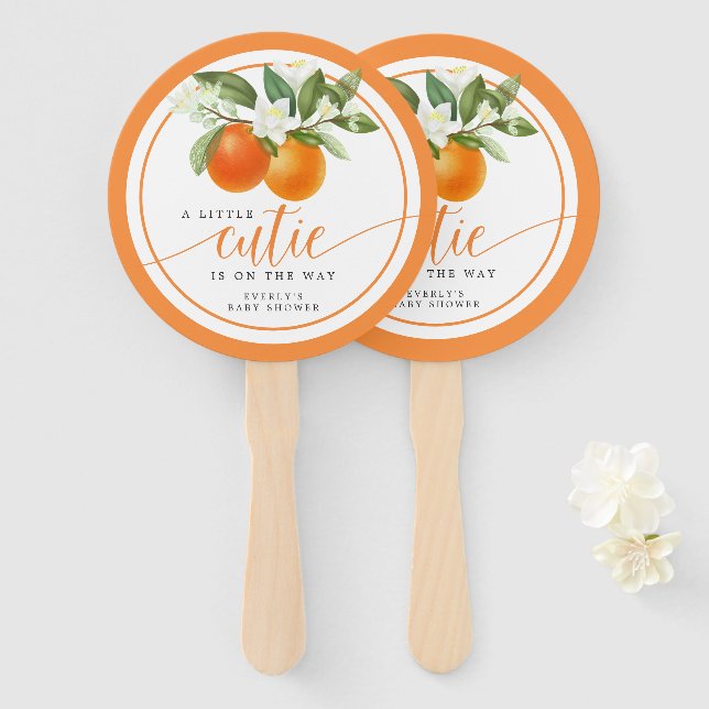 Orange Citrus Little Cutie On The Way Baby Shower  Hand Fan (Front and Back)